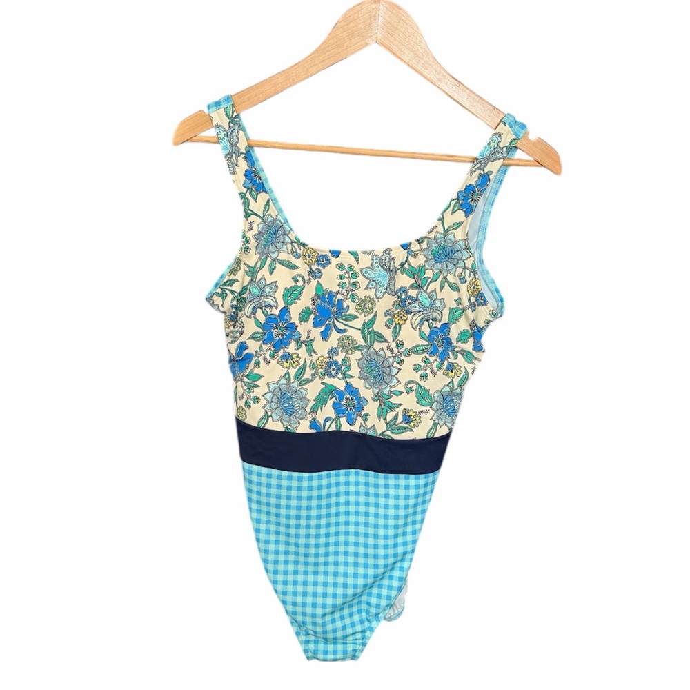 Lands end one piece‎ swimsuit size 12 blow floral checkered classic modest vacay